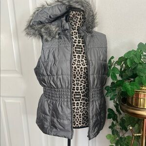 Gray Quilted Women's Jacket with Faux Fur Hood